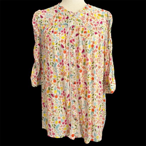 Fruit Print Smocked Crochet Trim Top Size M Boho Cottage Cute Novelty Button Up - Picture 1 of 15